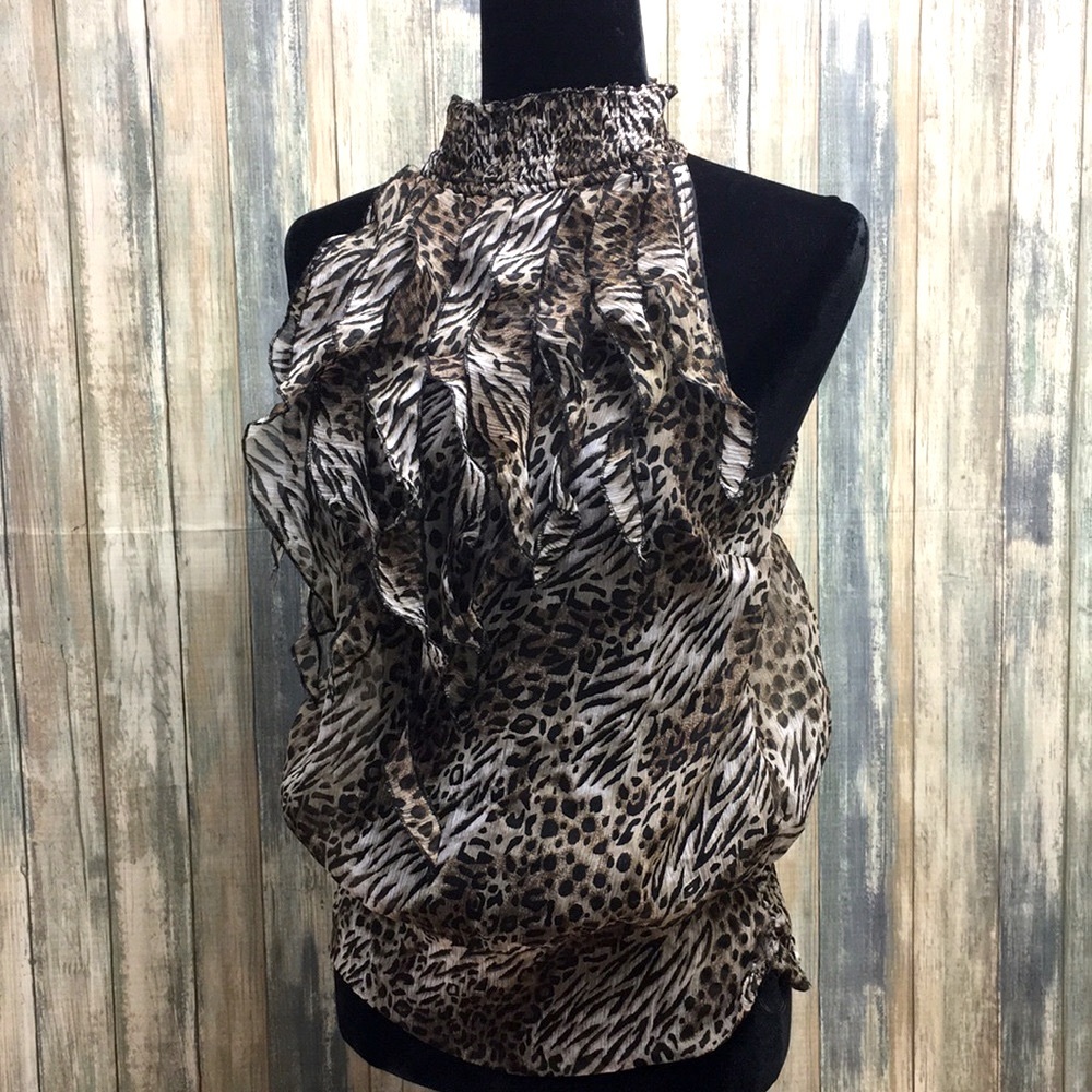 Sheer leopard print ruffle sleeveless high neck top - LG